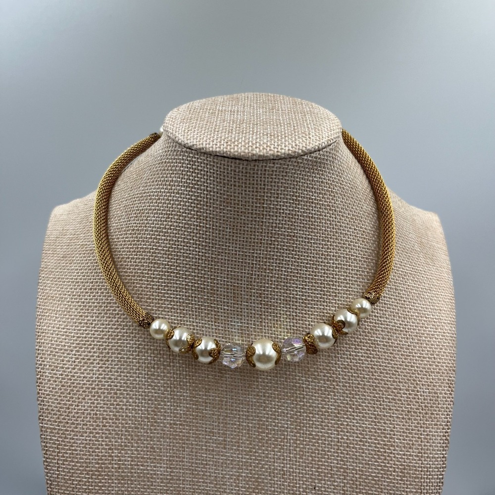 Vintageā Marcasite Faux Pearl Necklace Silver Tone Floral Art Deco Style 17